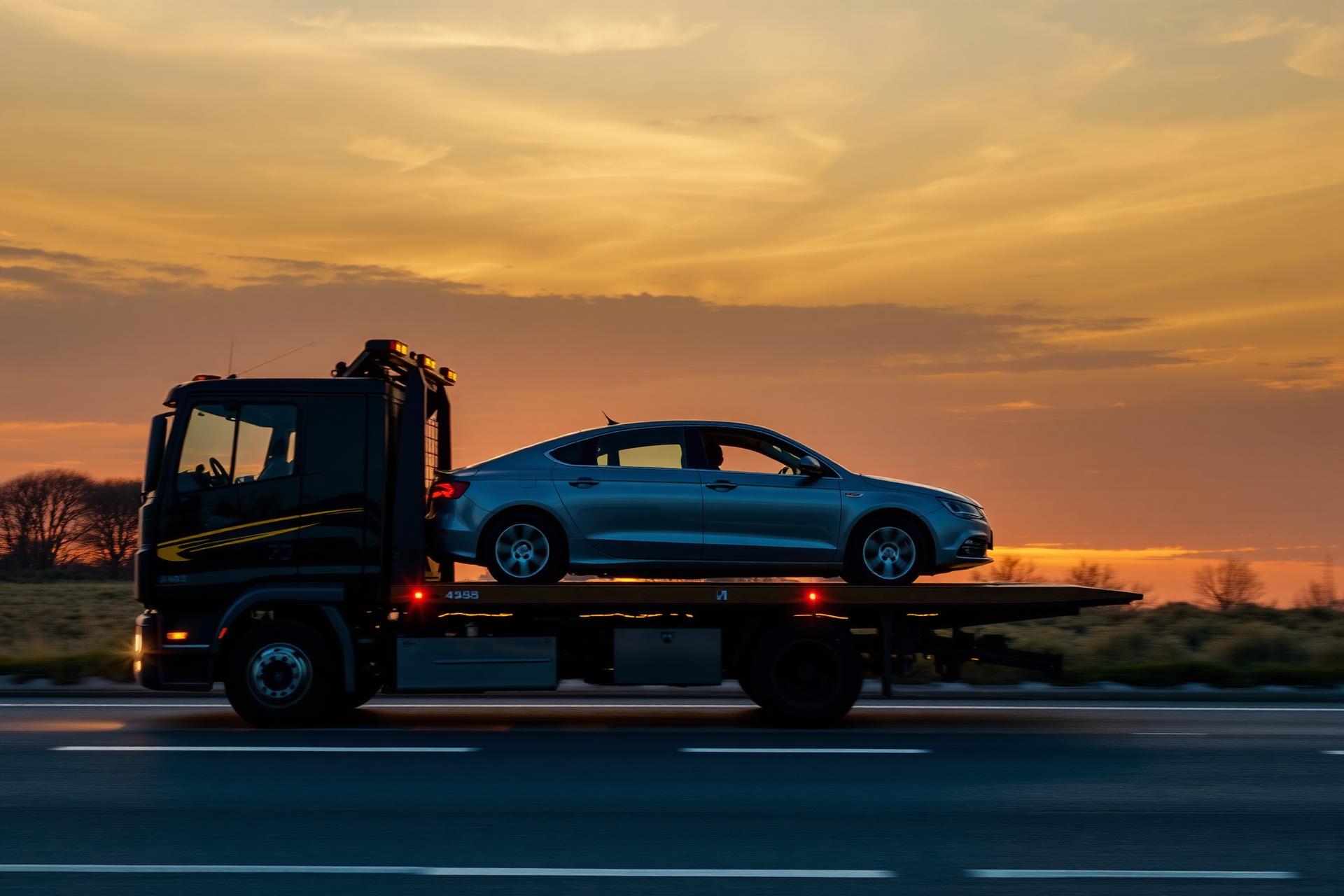 SYA Rescue recovery truck towing a vehicle on the highway at dusk